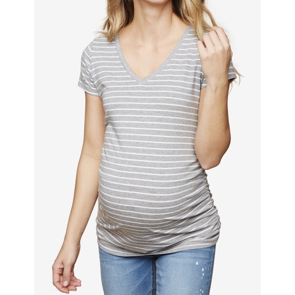 Motherhood MATERNITY Pullover Gray Short Sleeve V neck Ruched Top Size S NWT